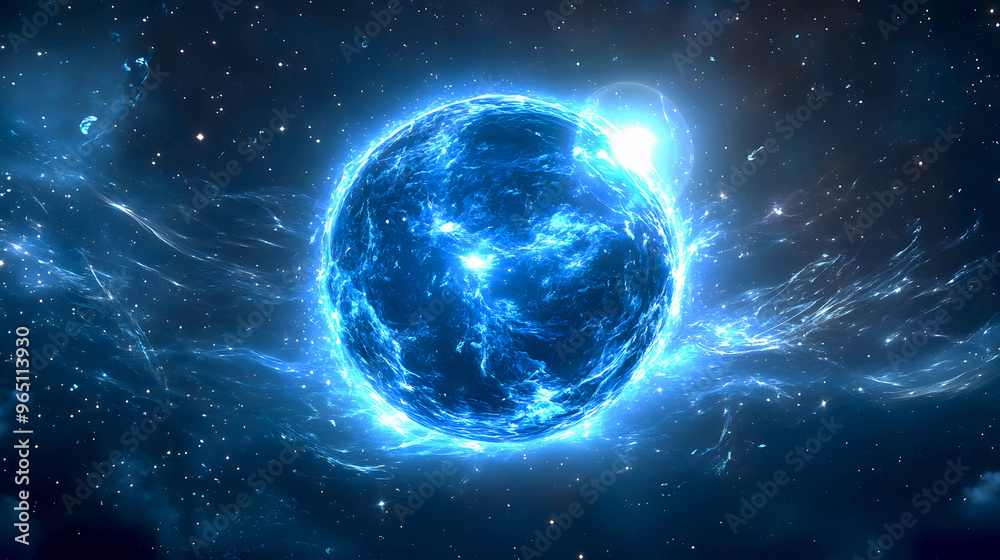 glowing cosmic orb, emitting radiant blue energy, with wisps of stardust and distant stars visible around glowing cosmic orb, emitting radiant blue energy, with wisps of stardust and distant stars visible around