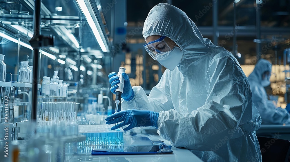 Lab technician handling bioengineered microbes with advanced pipettes, biotechnology research, microbiology Lab technician handling bioengineered microbes with advanced pipettes, biotechnology research, microbiology