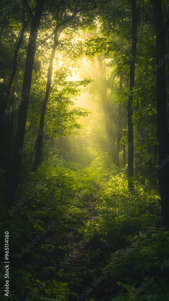Fototapeta premium Sunbeams Illuminating a Path Through a Misty Forest