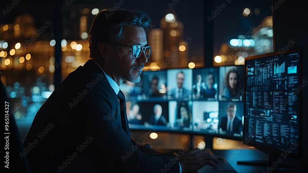 Businessman Analyzing Data on Multiple Screens in a Late-Night Office Businessman Analyzing Data on Multiple Screens in a Late-Night Office