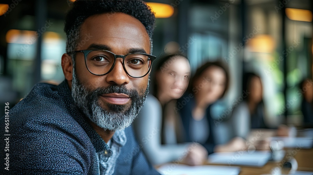 A Man with a Grey Beard and Glasses Looks at the Camera in a Restaurant A Man with a Grey Beard and Glasses Looks at the Camera in a Restaurant