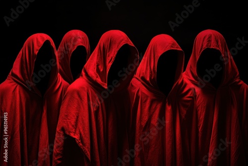Mysterious figures in red cloaks Unknown person with hidden face Ghostly presence Part of a sect Secretive group Dark background