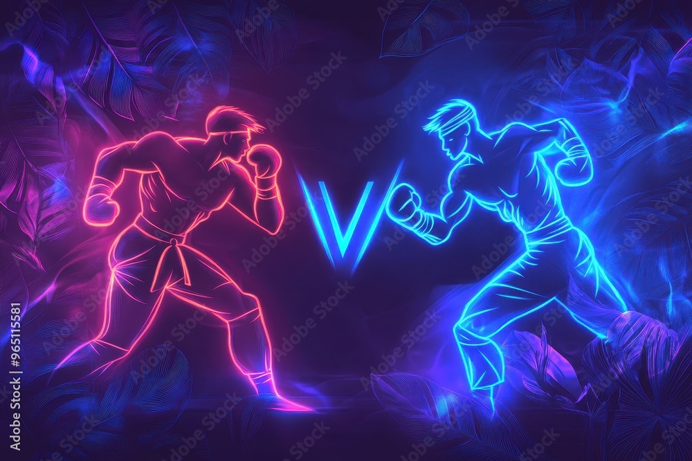 Neon style versus screen with two fighters in blue futuristic design Neon style versus screen with two fighters in blue futuristic design