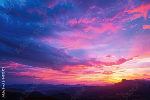 Panoramic view of colorful sunrise in mountains. Concept of the awakening wildlife, romance,emotional experience in your soul, joy in mundane life.