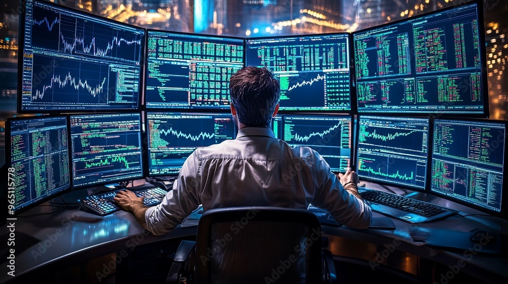 Man Working Late at Night Analyzing Financial Data on Multiple Monitors Man Working Late at Night Analyzing Financial Data on Multiple Monitors