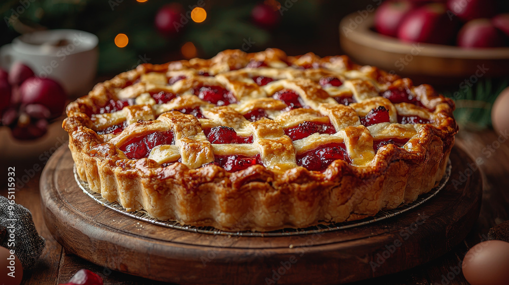 A freshly baked fruit pie with a golden crust. A freshly baked fruit pie with a golden crust.