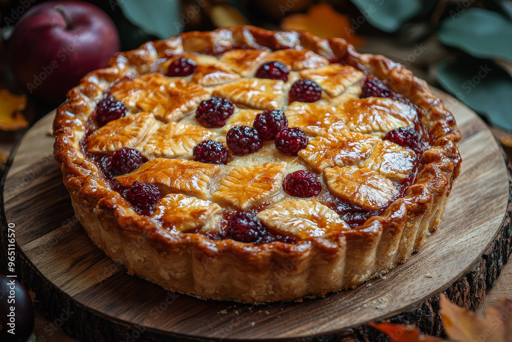 A freshly baked berry pie with a flaky crust. A freshly baked berry pie with a flaky crust.
