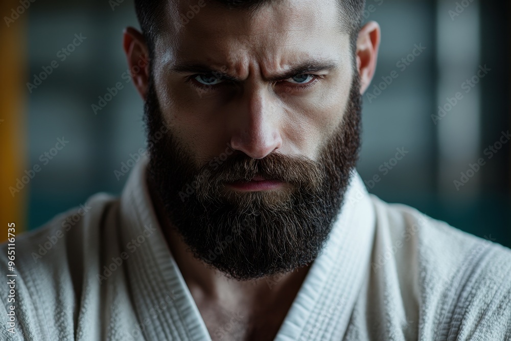 Fototapeta premium Serious man in kimono practicing aikido at gym preparing for competition Fit model ready for training