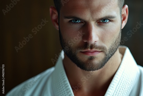 Serious karate man in white kimono in fighting position ready for competition photo