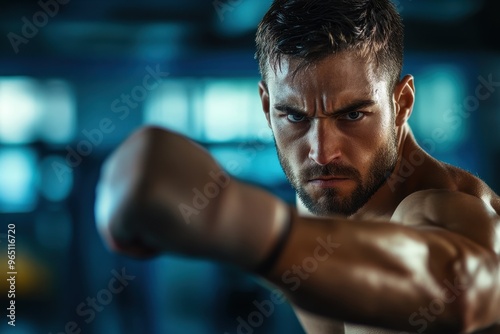 Serious man intensely boxing with group in gym