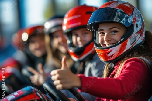 Six people including one child in helmets getting ready for karting woman in red giving thumbs up focus on right woman