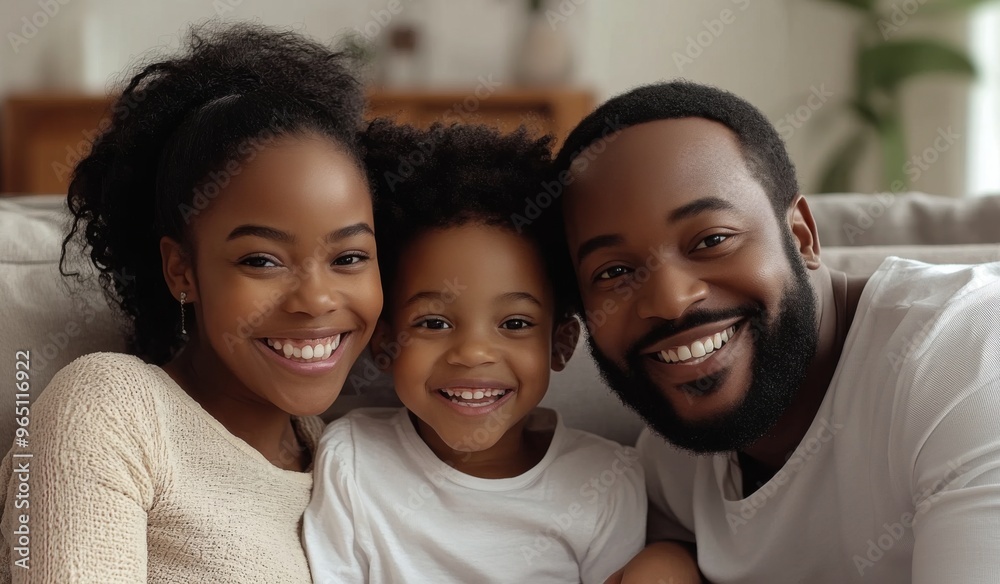 A happy black colored family with two children sitting on the sofa at home, laughing and playing together in the living room. High-quality, realistic photograph.