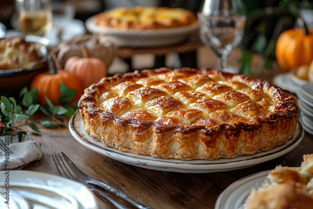 Fototapeta premium A golden, flaky pie sits on a table with pumpkins and other treats.