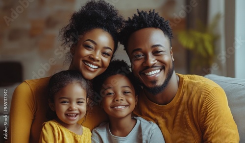 A happy black colored family with two children sitting on the sofa at home, laughing and playing together in the living room. High-quality, realistic photograph.