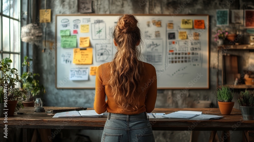 Creative Visionary: A young woman stands before a whiteboard covered in colorful sticky notes, her back to the camera, her long hair flowing down her back, lost in her creative process. The image capt Creative Visionary: A young woman stands before a whiteboard covered in colorful sticky notes, her back to the camera, her long hair flowing down her back, lost in her creative process. The image capt