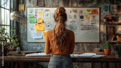 Creative Visionary: A young woman stands before a whiteboard covered in colorful sticky notes, her back to the camera, her long hair flowing down her back, lost in her creative process. The image capt