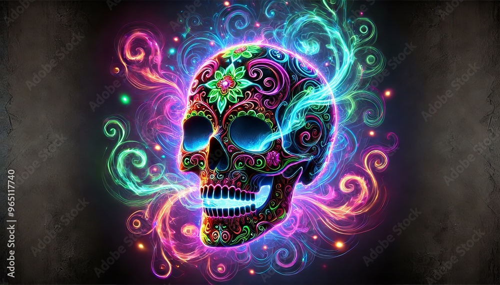 A neon skull adorned with intricate, glowing tribal patterns, surrounded by swirling ethereal smoke made of vibrant neon colors. A neon skull adorned with intricate, glowing tribal patterns, surrounded by swirling ethereal smoke made of vibrant neon colors.