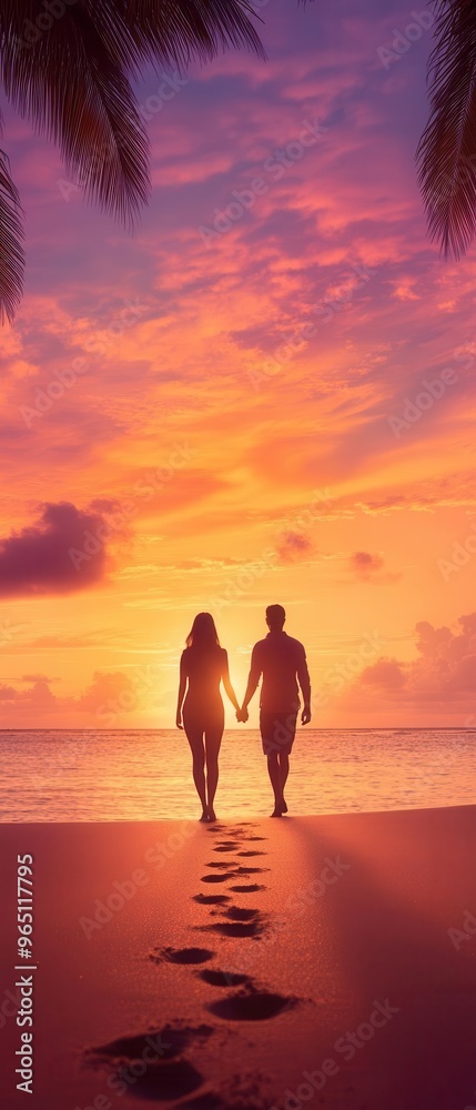 Fototapeta premium A couple walking hand-in-hand along a secluded beach, footprints in the sand, with a pink and orange sky