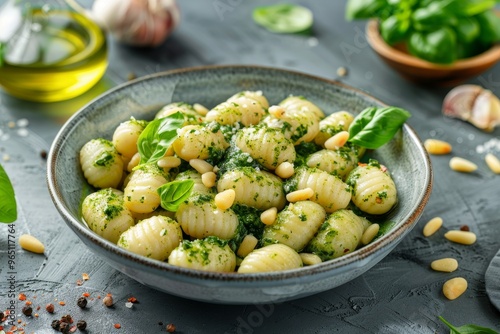 Freshly made Italian gnocchi with pesto sauce and pine nuts