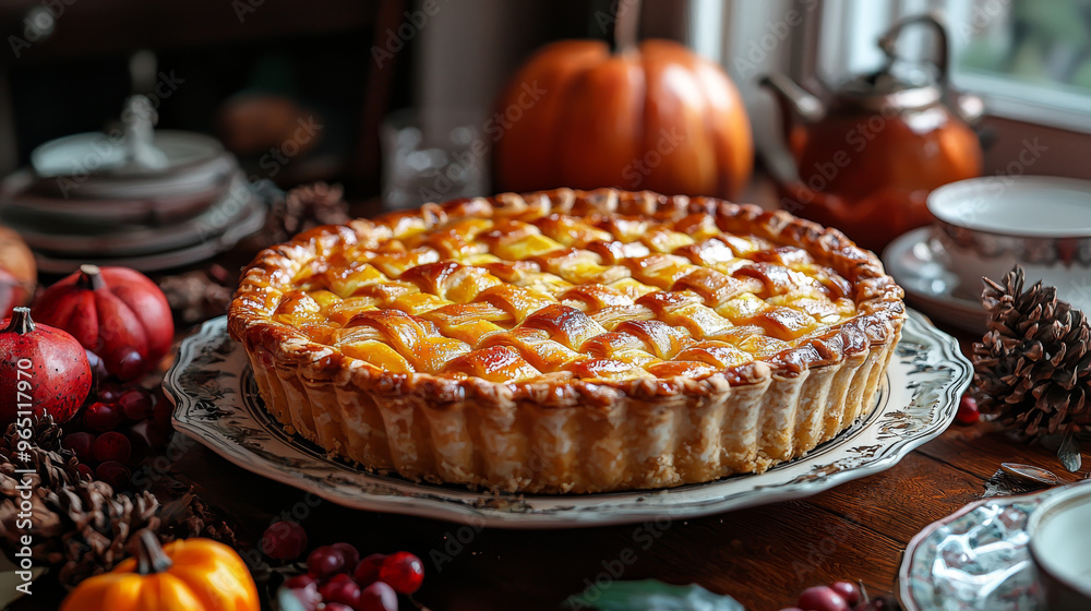 A delicious homemade pie with a golden crust, perfect for a fall gathering. A delicious homemade pie with a golden crust, perfect for a fall gathering.