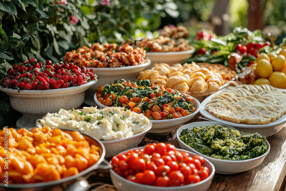 A buffet table filled with a variety of delicious dishes. A buffet table filled with a variety of delicious dishes.