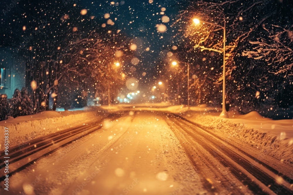 Snowy road at night illuminated by lamps