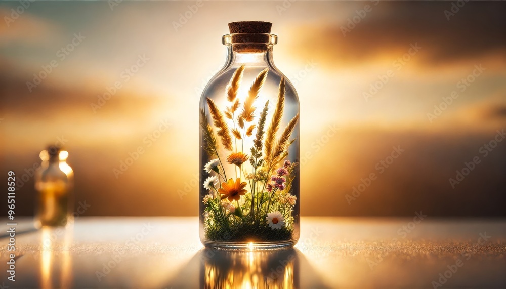 A clear bottle with a miniature meadow inside, filled with blooming flowers and tall grass swaying in the wind. A clear bottle with a miniature meadow inside, filled with blooming flowers and tall grass swaying in the wind.