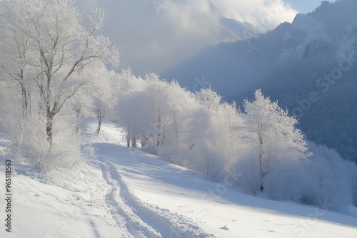 Snowy scenery in the mountains photo