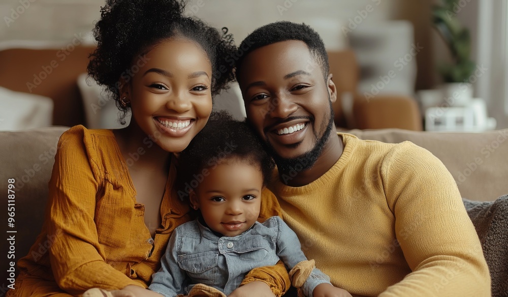 A happy black colored family with two children sitting on the sofa at home, laughing and playing together in the living room. High-quality, realistic photograph. A happy black colored family with two children sitting on the sofa at home, laughing and playing together in the living room. High-quality, realistic photograph.