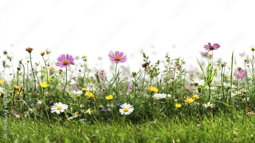 Fototapeta premium A vibrant field of daisies and chamomiles blooming in the grass under a clear blue sky
