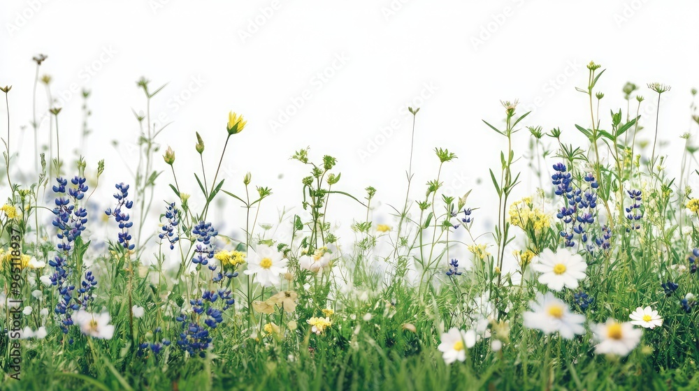 Fototapeta premium A vibrant field of daisies and chamomiles blooming in the grass under a clear blue sky