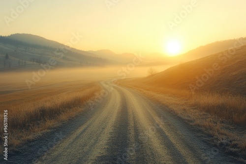 Soft focus mountain dirt road in foggy frosty dawn with warm colors and visible sunshine Morning dirt road through mountain plateau