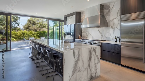 Stylish kitchen featuring marble countertops, stainless steel appliances, and a large island with bar stools in a contemporary setting