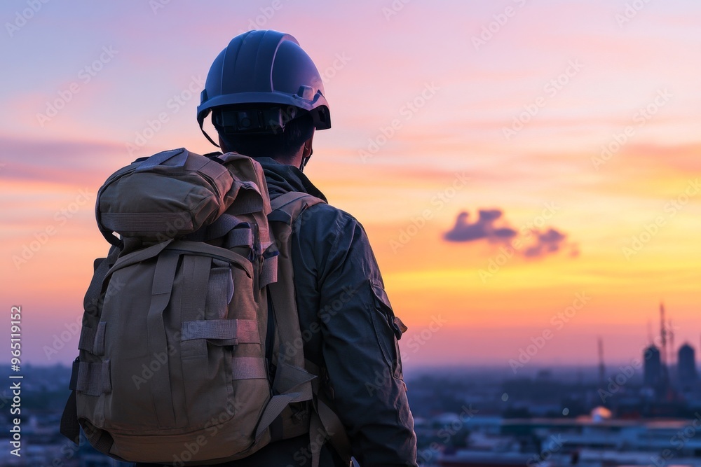 A worker observes a stunning sunset from a rooftop. A worker observes a stunning sunset from a rooftop.