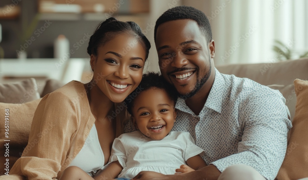 A happy black colored family with two children sitting on the sofa at home, laughing and playing together in the living room. High-quality, realistic photograph. A happy black colored family with two children sitting on the sofa at home, laughing and playing together in the living room. High-quality, realistic photograph.