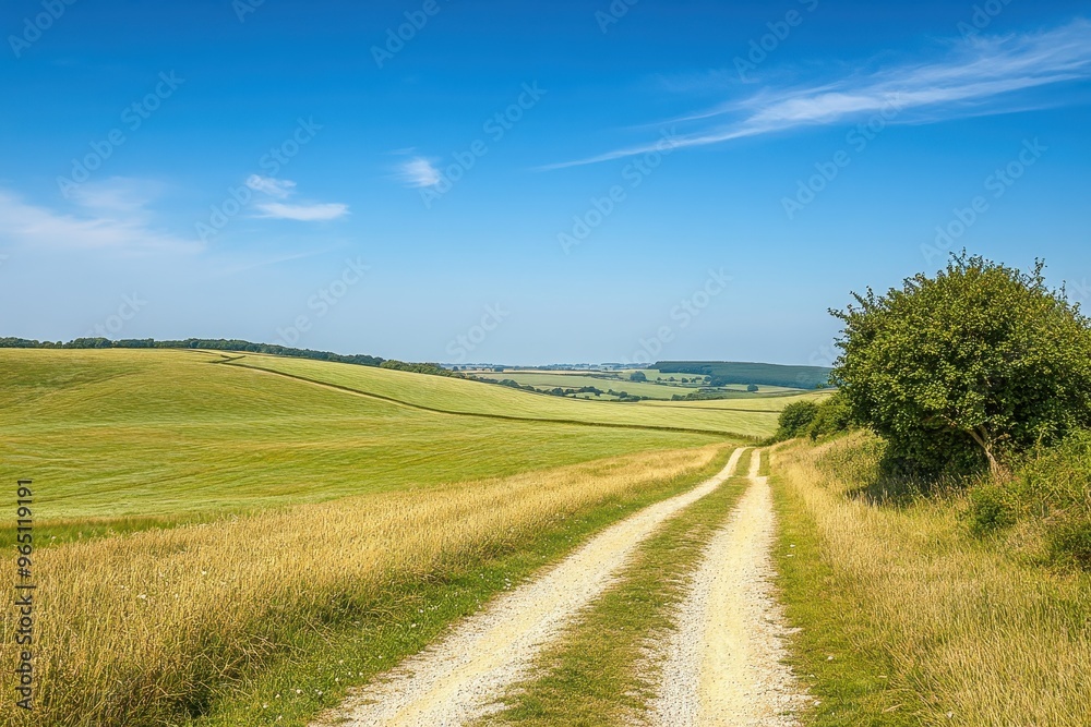 South Downs dirt track view with blue sky overhead South Downs dirt track view with blue sky overhead