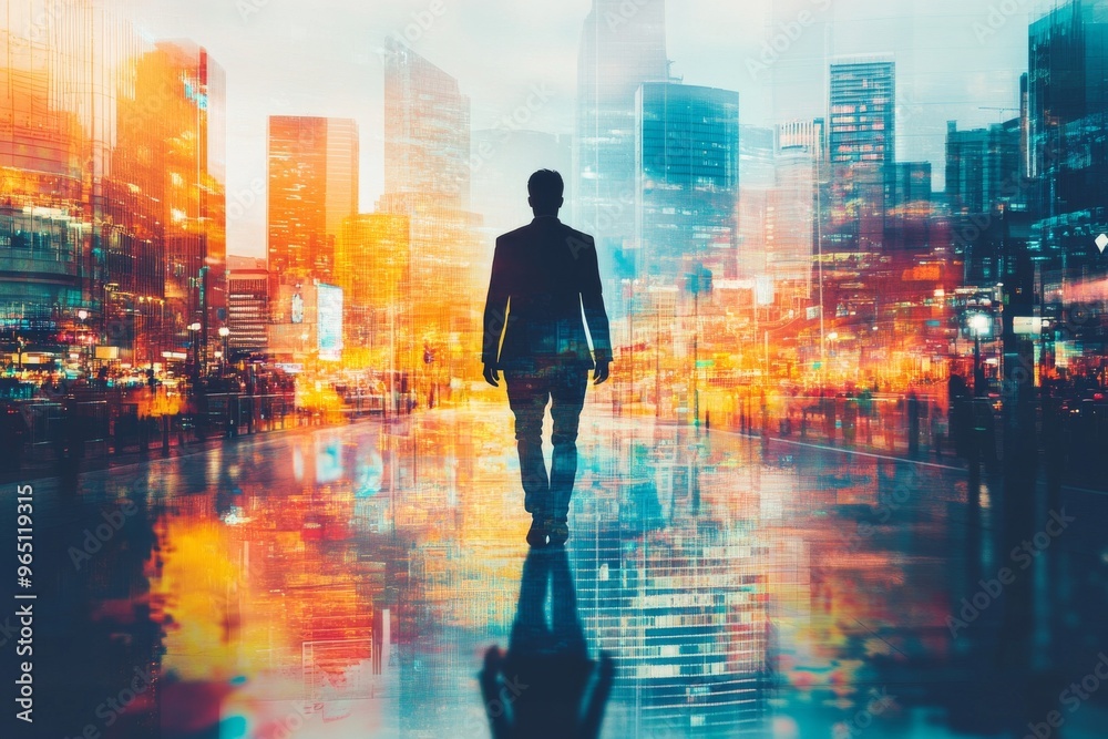 A silhouette of a businessman walking through a vibrant cityscape, reflecting ambition and urban lifestyle.