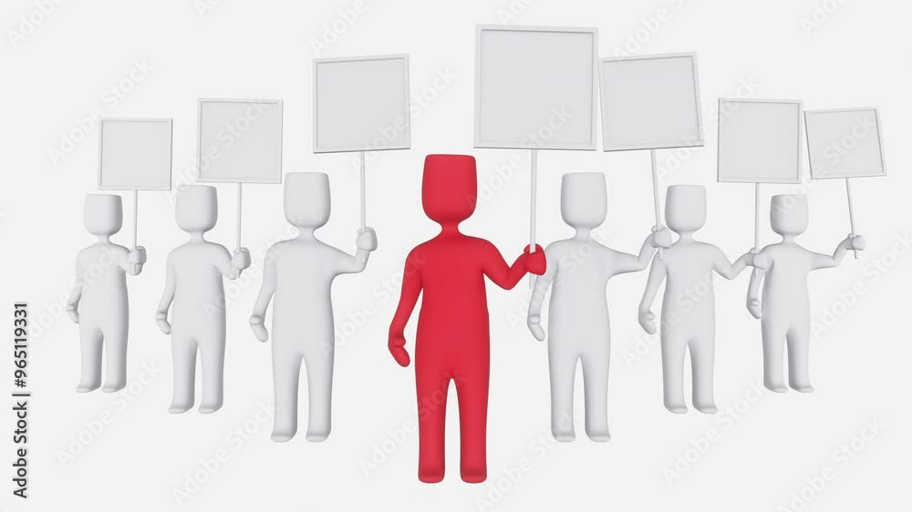 Several 3D white men and their red leader are standing in a picket line and holding empty posters. Political demonstration. Creative design. Horizontal 3d animation. Three-dimensional stock video Several 3D white men and their red leader are standing in a picket line and holding empty posters. Political demonstration. Creative design. Horizontal 3d animation. Three-dimensional stock video