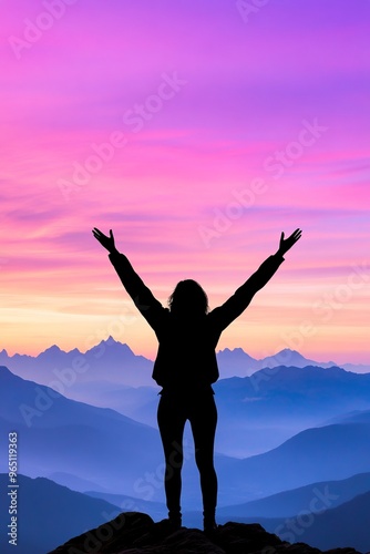 Wallpaper Mural A silhouette of a person joyfully embracing a stunning mountain sunset, representing freedom and connection with nature. Torontodigital.ca