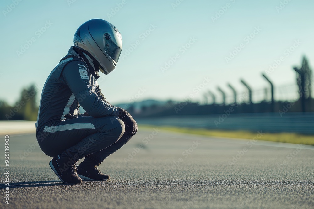 Sportsman posing with hands on knee at racetrack Sportsman posing with hands on knee at racetrack