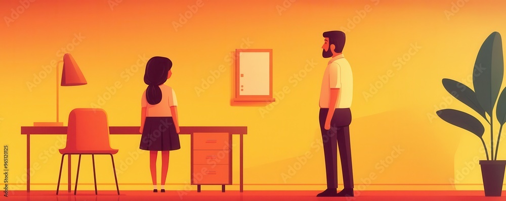 A vibrant illustration depicting a man and woman in a warm office setting, showcasing interaction and communication. A vibrant illustration depicting a man and woman in a warm office setting, showcasing interaction and communication.