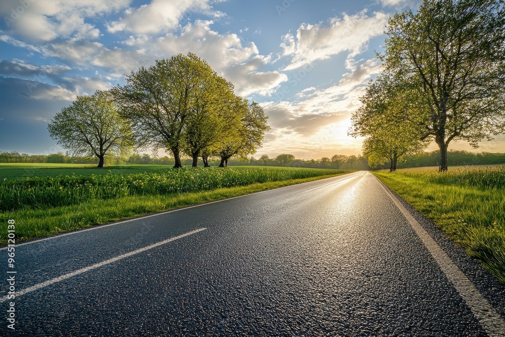 Spring evening countryside panorama with asphalt road