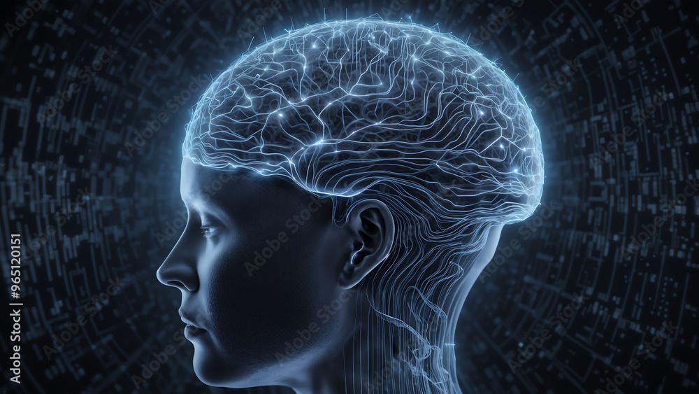 3D rendering of human head with circuit brain against blue digital background 3D rendering of human head with circuit brain against blue digital background