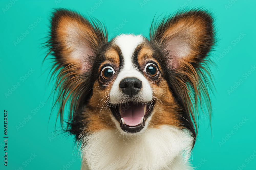 A portrait of a Papillon dog with a surprised and happy expression on face looking at camera over teal background. A portrait of a Papillon dog with a surprised and happy expression on face looking at camera over teal background.