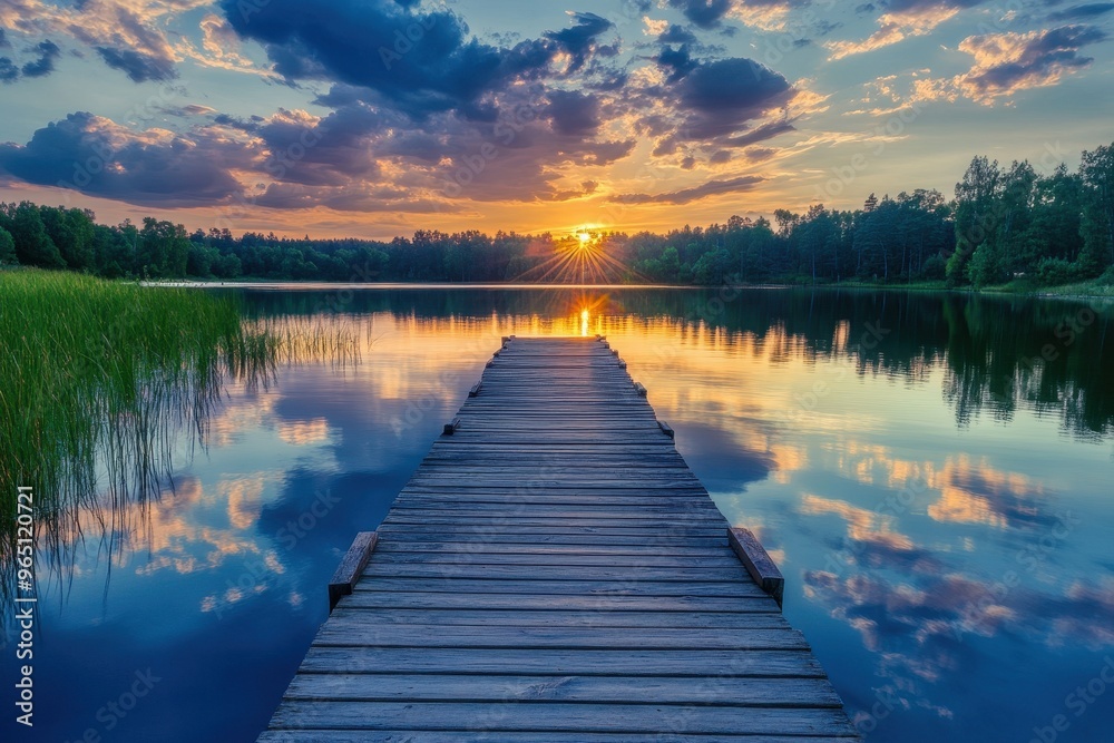 Stunning lake and path with sunset clouds Stunning lake and path with sunset clouds