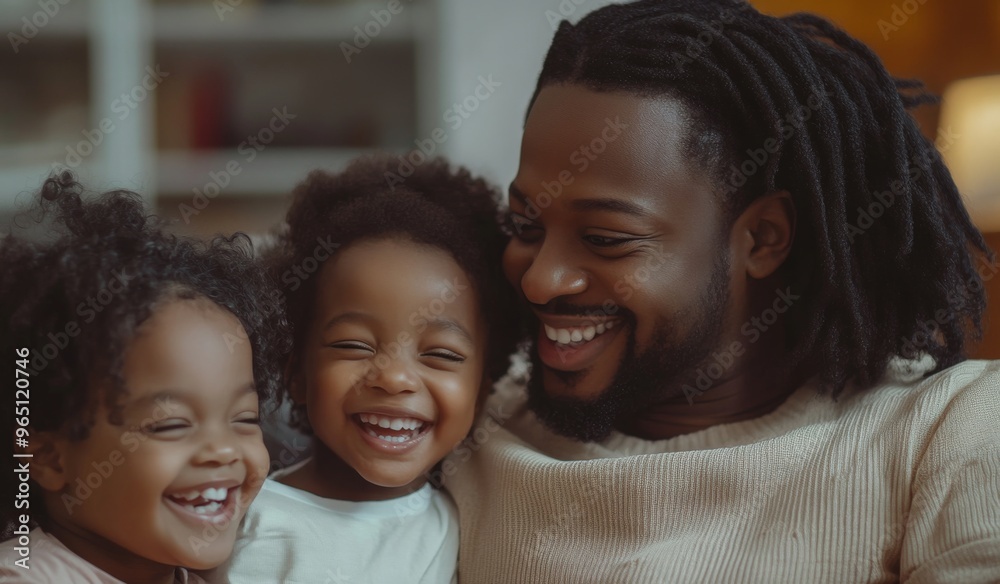 A happy black colored family with two children sitting on the sofa at home, laughing and playing together in the living room. High-quality, realistic photograph. A happy black colored family with two children sitting on the sofa at home, laughing and playing together in the living room. High-quality, realistic photograph.