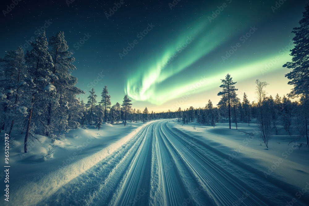 Stunning northern lights over snow covered Finnish Lapland