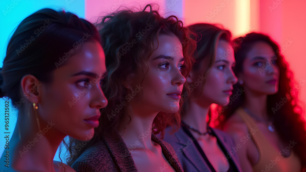 Portraits of group of people different nationalities on multicolored background in neon light Photo of models Portraits of group of people different nationalities on multicolored background in neon light Photo of models