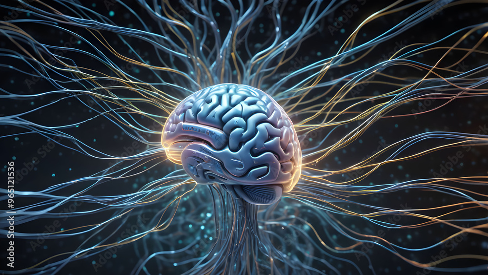 Fototapeta premium Human brain with neuron, 3d render, computer digital illustration.