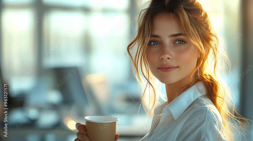Coffee Break Confidence: A young professional woman with a captivating gaze, holding a paper cup of coffee in a modern office setting. The warm lighting accentuates her natural beauty and creates a se Coffee Break Confidence: A young professional woman with a captivating gaze, holding a paper cup of coffee in a modern office setting. The warm lighting accentuates her natural beauty and creates a se